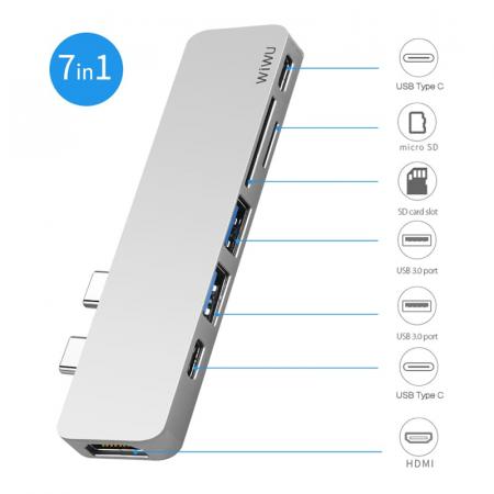 Хаб WiWU 2*USB3.0+2*Type-C+HDMI+SD+TF (T8) Серый