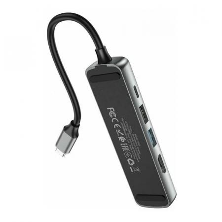 Type-C хаб hoco. для MacBook HDMI+USB3.0+USB2.0+RJ45+PD (HB23) Чёрный