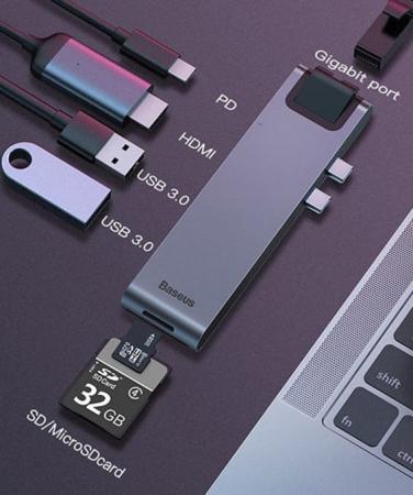 Переходник Baseus для MacBook HUB TB3 C+ (Dual Type-C to USB3.0/HDMI/Type-C/SD/Micro/LAN) (CAHUB-L0G) Deep Grey, темно-серый