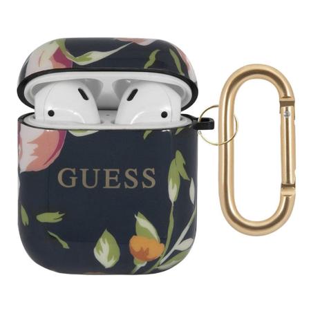 Чехол Guess с карабином для AirPods 1/2 CG Mobile TPU case with ring Marble design (GUACA2TPUBKFL03) С рисунком цветов, синий