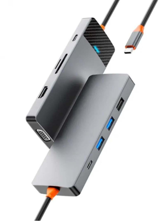 Хаб WiWU Linker Series Hub 9в1 (USB-C to USB3.0*2+USB2.0*1+SD/TF+PD+USB-C(3.0)+HDMI+VGA) (A921HV) Серый